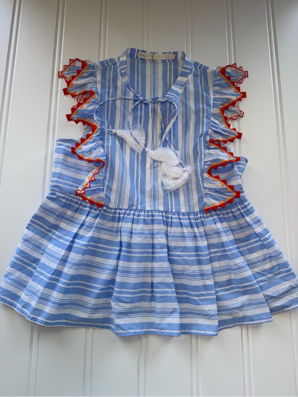 Marie Oliver Blue White Boho Becca Top Women Medium Tassel